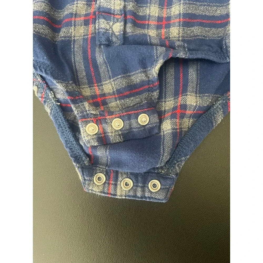 OshKosh Bgosh Baby Blue Plaid Flannel Button Front Bodysuit 18M (1050)